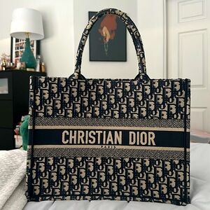Christian Dior Medium Book Tote (Ecru and Blue Dior Oblique Embroidery)